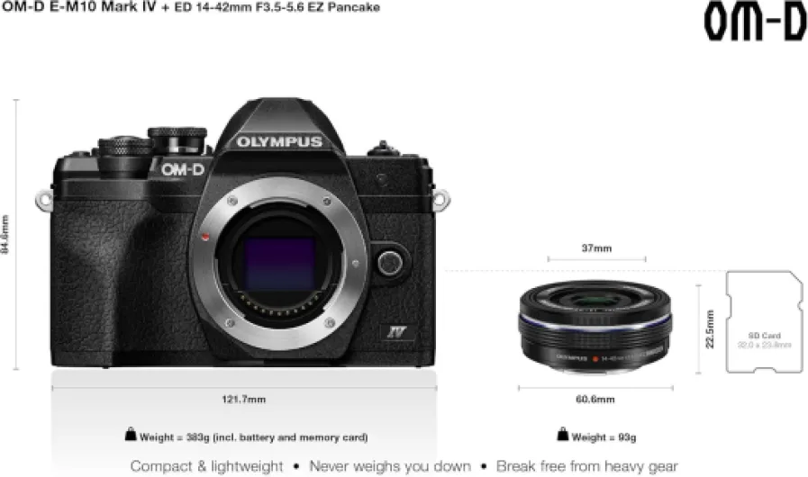 Kit d'appareil Photo Micro Four Thirds Olympus Om-D E-M10 Mark IV,capteur 20 MP, viseur électronique, vidéo 4K, Wi-FI, Noir - Comprend l'objectif M.Zuiko Digital Ed 14-42mm F3.5-5.6 EZ Pancake Argent noir Pancake Kit M.ZUIKO Digital 14-42 mm EZ