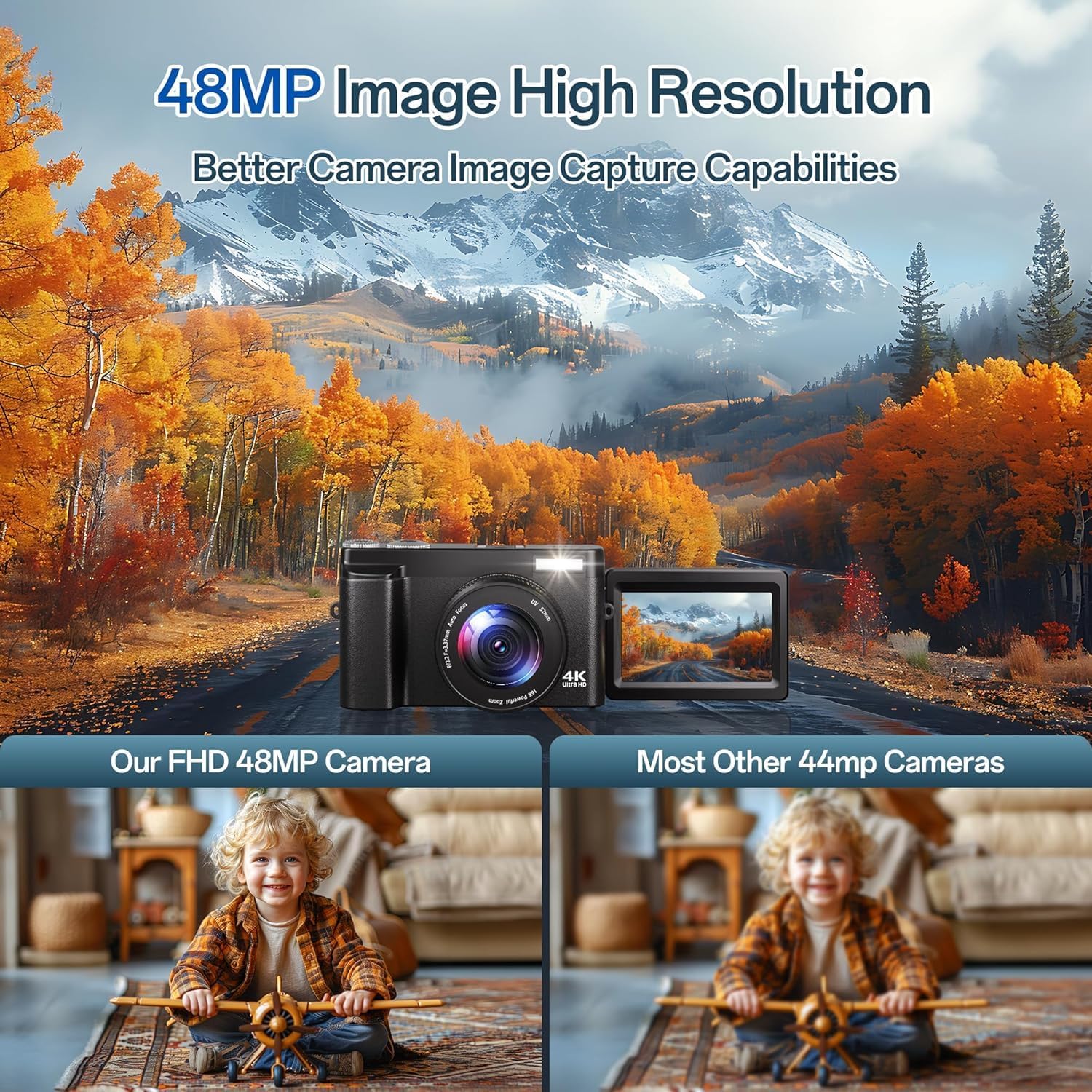 Digital Camera 4K, 48MP 16X Autofocus Digital Zoom Photo Camera, 3 Inch 180° Flip LCD Screen Compact Vlogging Photography Camera with Charging Station, 2 Batteries, 32GB Card for Children, Beginners Black