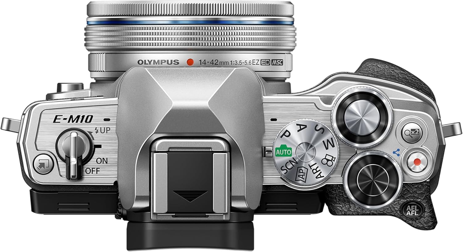 Olympus OM-D E-M10 Mark IV Micro Four Thirds System Camera Kit, 20 MP sensor, electronic viewfinder, 4K video, powerful AF, Wi-Fi, silver incl - M.Zuiko Digital ED 14‑42mm F3.5‑5.6 EZ Pancake silver