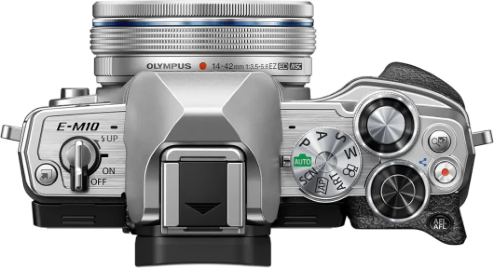 Olympus OM-D E-M10 Mark IV Micro Four Thirds System Camera Kit, 20 MP sensor, electronic viewfinder, 4K video, powerful AF, Wi-Fi, silver incl - M.Zuiko Digital ED 14‑42mm F3.5‑5.6 EZ Pancake silver