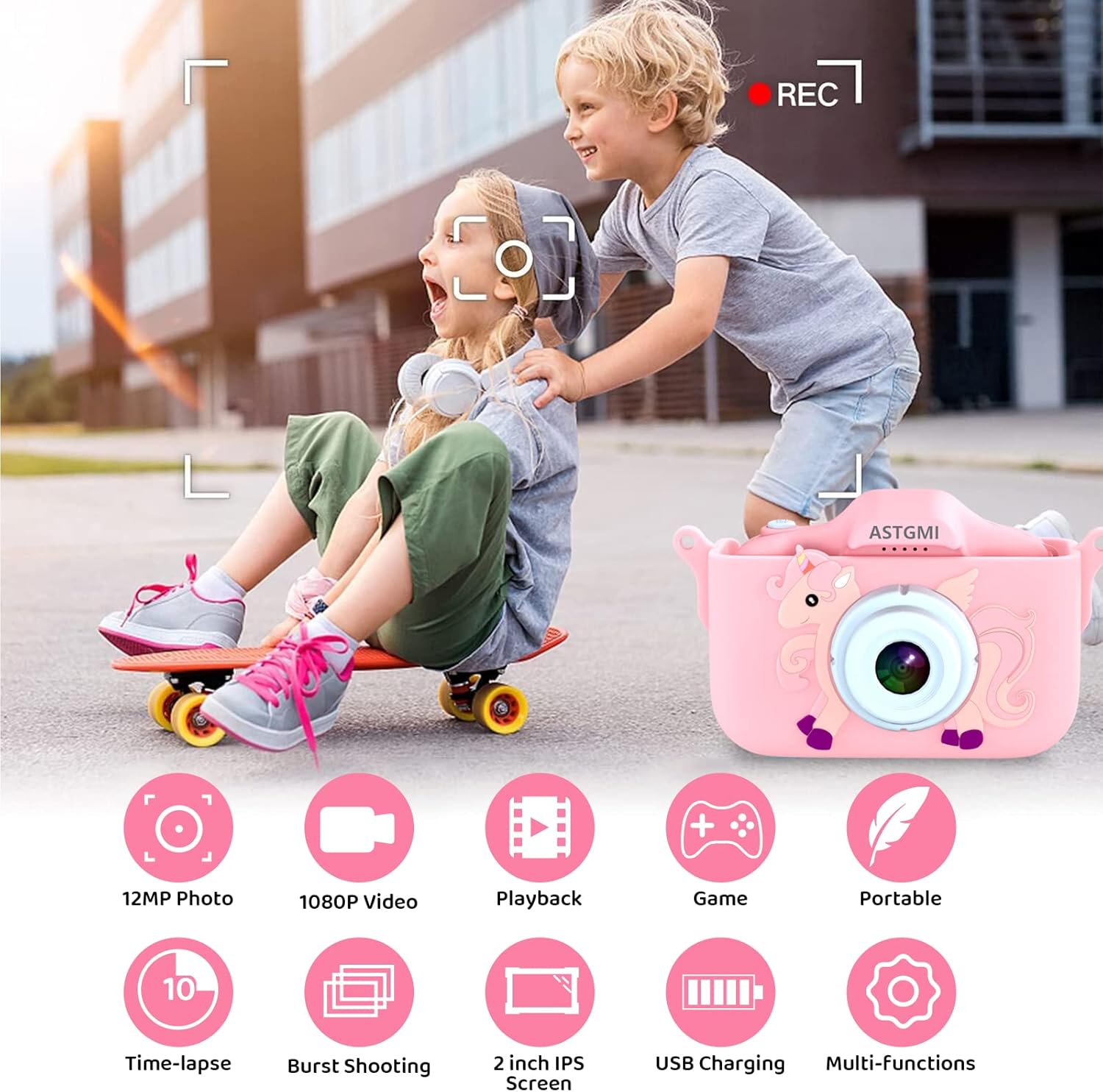 Appareil Photo pour Enfants, 2.0 Pouces Enfant Appareil Photo Numérique, Mini Caméra Enfant Rechargeable Caméscope Cadeau Jouet Filles Garçons de 3 à 10 Ans, vidéo HD 1080p, 32G SD Carte (Rose) Rose Licorne