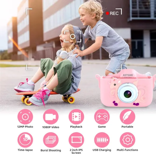 Appareil Photo pour Enfants, 2.0 Pouces Enfant Appareil Photo Numérique, Mini Caméra Enfant Rechargeable Caméscope Cadeau Jouet Filles Garçons de 3 à 10 Ans, vidéo HD 1080p, 32G SD Carte (Rose) Rose Licorne