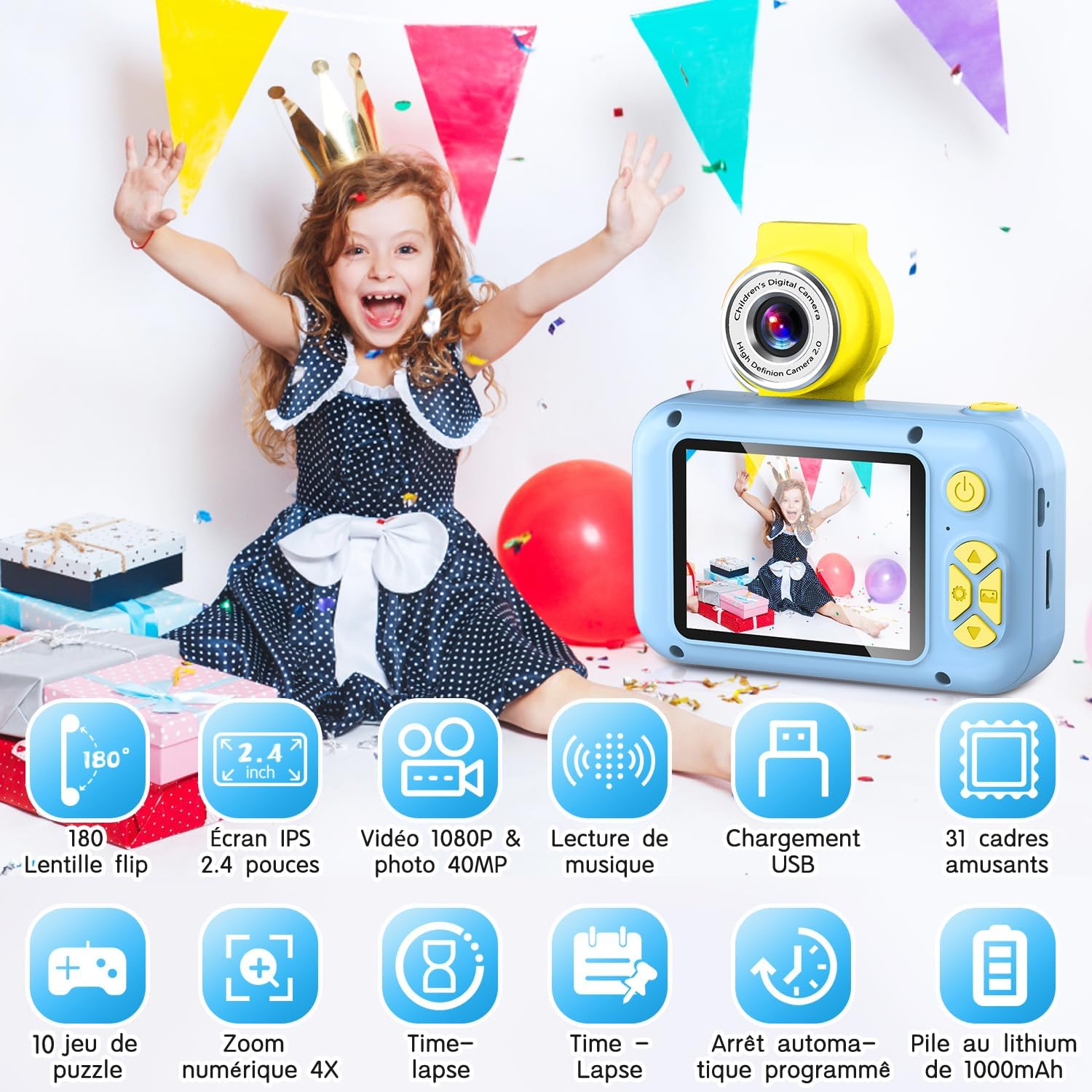 Appareil Photo Enfant avec Grand Écran 2,4" et Objectif Pivotant 180°,Appareil Photo Numérique Enfant pour Filles et Garçons de 3 à 12 Ans,Carte 32 Go Incluse,Cadeau Anniversaire ou Fête,X101 Bleu