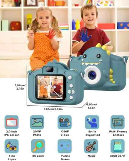 Appareil Photo pour Enfants, 2.0 Pouces Appareil Photo Numérique Rechargeable, Caméscope Selfie, Cadeau Jouet pour Garçons 3-12 Ans,HD 1080P Vidéo,32G, Lecteur de Cartes Dinosaure/Vert Foncé