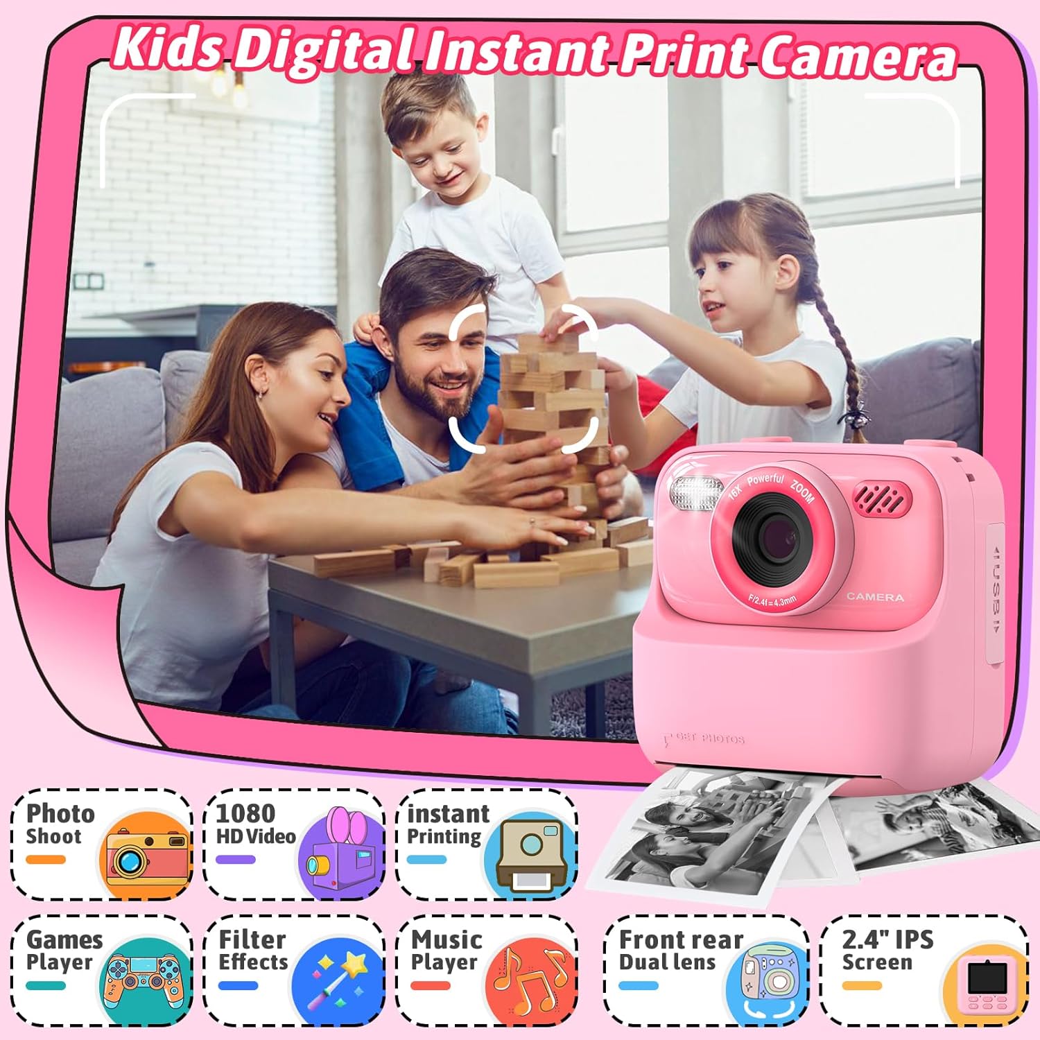Appareil Photo Instantané Enfant, 1080P HD Vidéo Selfie Caméra Enfant pour Enfants avec Carte de 32 Go et Papier Photo Imprim, Noël et anniversaire Cadeau Jouet pour Filles Garçons Adolescent 3-12 Ans Pink