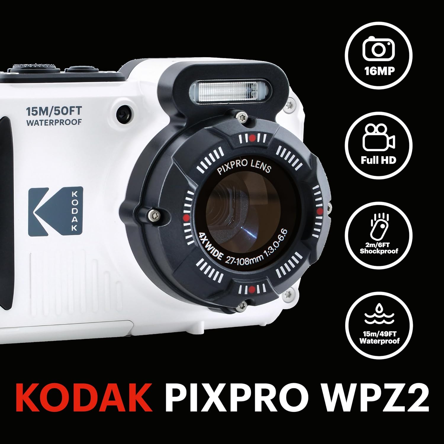 Pixpro WPZ2 - Appareil Photo Numérique Compact 16M Pixels, étanche à 15m, Anti-Choc, Video 720p, Ecran LCD 2,7 - Batterie Li-ion, Blanc Blanc Caméra