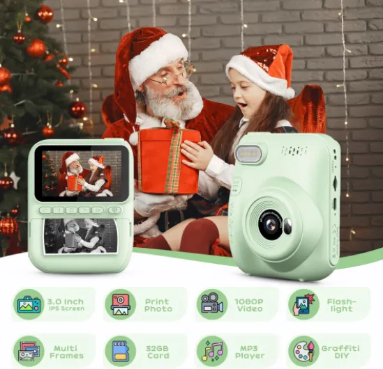 Appareil Photo Instantané Enfant, 3.0" Grand Écran 14 MP Appareil Photo Enfant avec Carte de 32 Go & Papier d'impression, Appareil Photo Numérique Enfant Cadeau pour Enfants 3-12 Ans 3.0 Style-Vert 3.0 Style