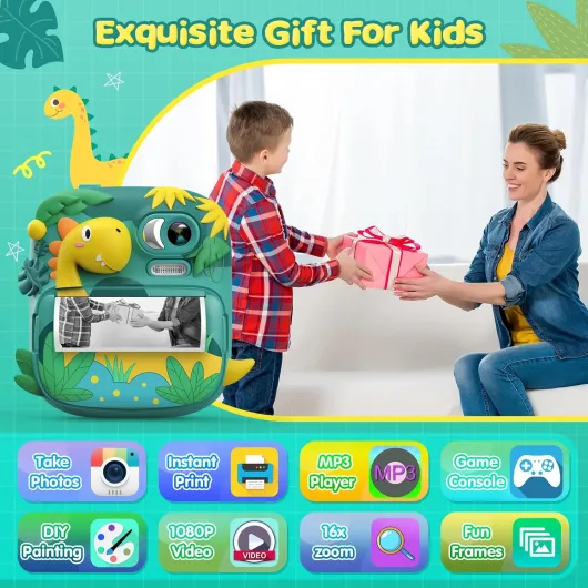 CAMCLID Appareil Photo Instantané Enfants, 12MP/1080P Appareils Photo Numérique Enfants avec Carte 32G et 3 Rouleaux de Papier, 2,4 Pouces Caméra Jouets Cadeau pour Garçons Filles 3-12 Ans Vert