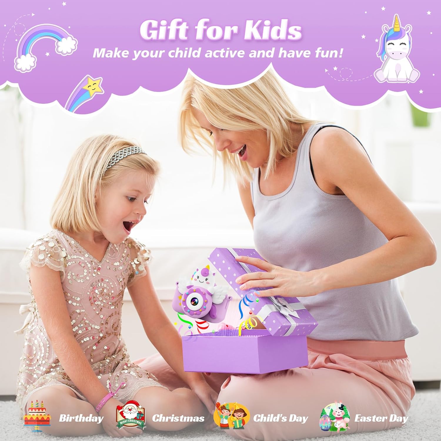 Appareil Photo Enfant,2.0 Pouces Appareil Photo Numérique, 20MP/1080P Caméra Vidéo Selfie,32G Carte, Lecteur de Cartes, Cadeaux pour Enfants de 3 à 12 Ans (Violet) purple