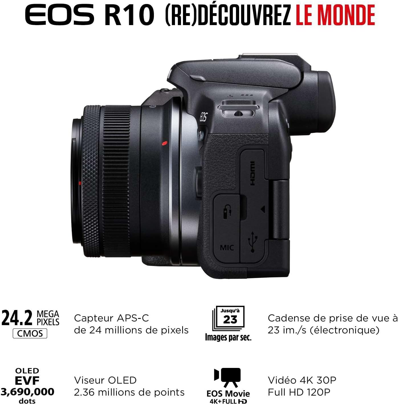 EOS R10 Appareil Photo Hybride Format APS-C 24 Mpixels Noir Plus Objectif Canon RF-S 18-45mm F4.5-6.3 is STM Standard