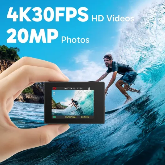 Caméra Sport 4K 30fps 20MP WiFi - Camera 4k Étanche jusqu'à 30M avec Stabilisation, Grand Angle de 170° - Télécommande 2.4G - Qualité d'image Ultra HD pour Les Passionnés d'Aventure EK7000 Noir