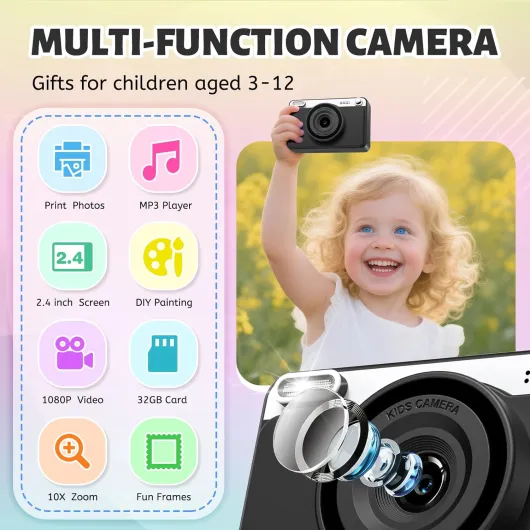 Appareil Photo Instantané, 2.4" Écran Appareil Photo Enfant avec 32GB & 5 Rouleaux de Papier d'impression, Cadeau Jouet pour Enfant Garçons Filles 3-14 Ans Noir Blanc 2.4 Style