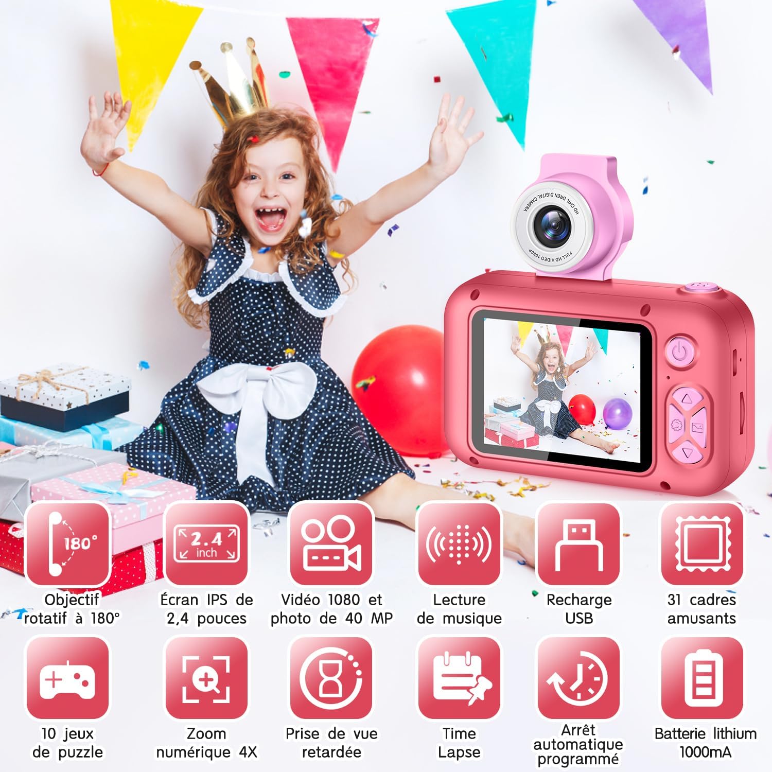 Appareil Photo Enfant avec Grand Écran 2,4" et Objectif Pivotant 180°,Appareil Photo Numérique Enfant pour Filles et Garçons de 3 à 12 Ans,Carte 32 Go Incluse,Cadeau Anniversaire ou Fête,X101 Rouge rosé