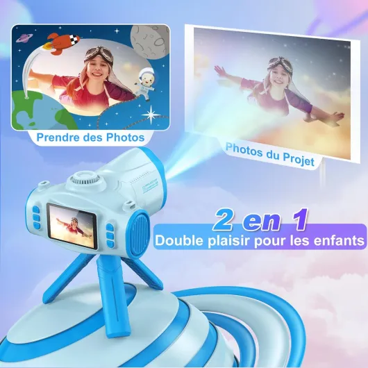 Appareil Photo Numérique Enfant avec Fonction Projection, 1080P Appareil Photo Enfant avec Trépied,Carte SD 32G,Batteries 2500 mAh, Jouet Appareil Photo Cadeau Fille Garçons 3 4 5 6 7 8 9 10 11 12 Ans Bleu