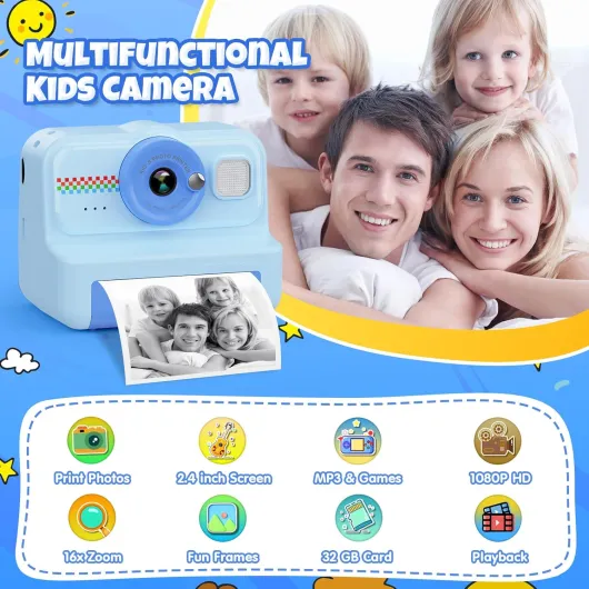 Appareil Photo Instantané Enfants, 1080P Appareil Photo Numérique Enfant & Caméra Vidéo avec Carte de 32GB & 3 Rouleaux de Papier d'impression, Cadeaux pour Garçons & Filles de 3 à 12 Ans Blue