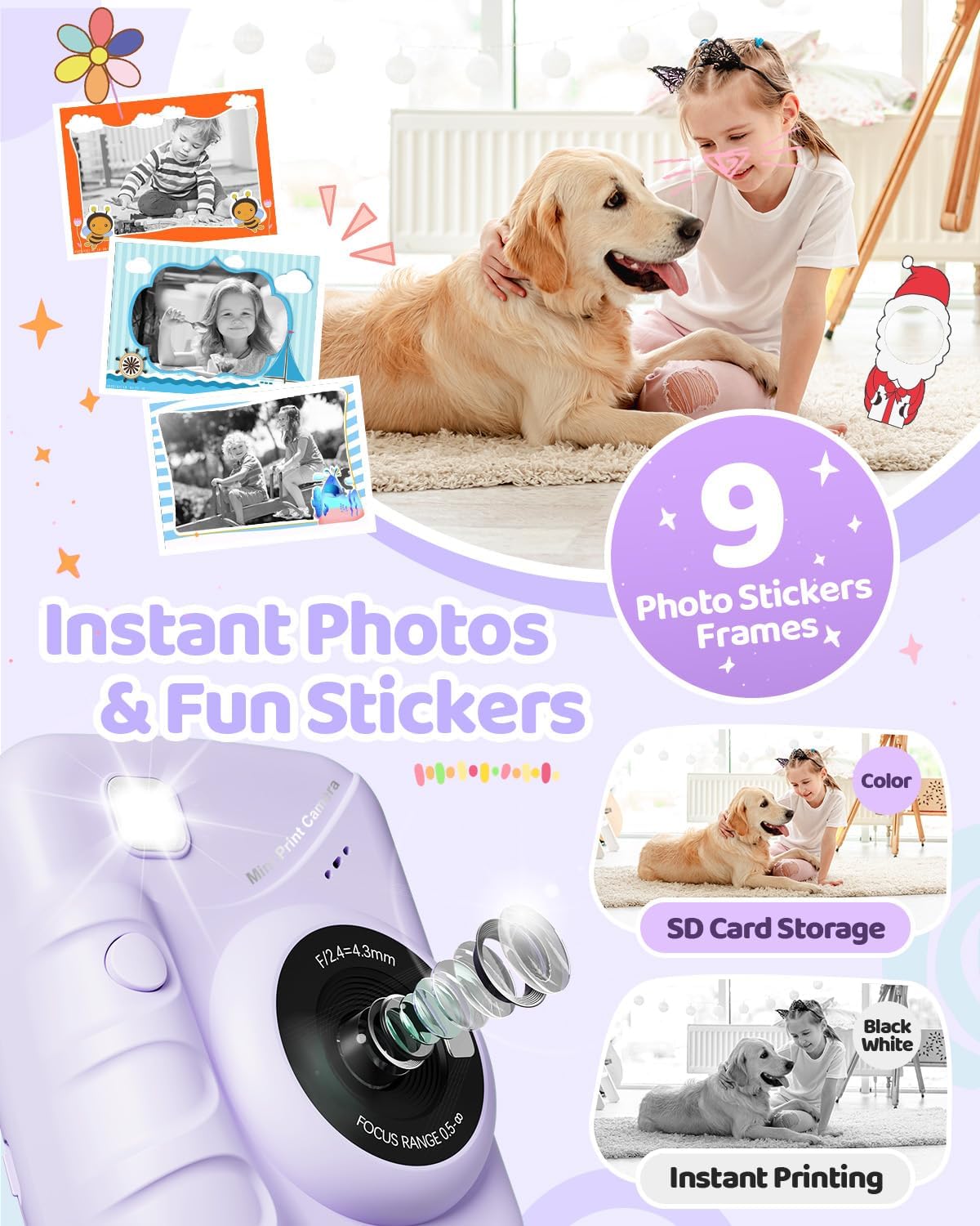 Appareil Photo Instantané Enfant, 3.0" Grand Écran 48MP HD Appareil Photo Numérique Enfant avec Carte de 32GB & Papier d'impression, Cadeaux pour Garçons & Filles de 3 à 12 Ans Violet