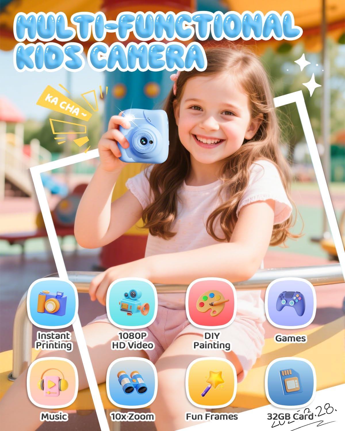 CAMCLID Appareil Photo Instantané Enfants, 1080P HD Appareil Photo Numérique Enfant avec Carte de 32GB & 3 Rouleaux de Papier d'impression, Cadeaux pour Garçons Filles de 3 à 12 Ans Bleu