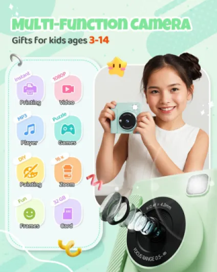 Appareil Photo Instantané Enfants, 1080P Appareil Photo Numérique Enfant & Caméra Vidéo avec Carte de 32GB & Rouleaux de Papier d'impression, Cadeaux pour Garçons & Filles de 3 à 12 Ans green