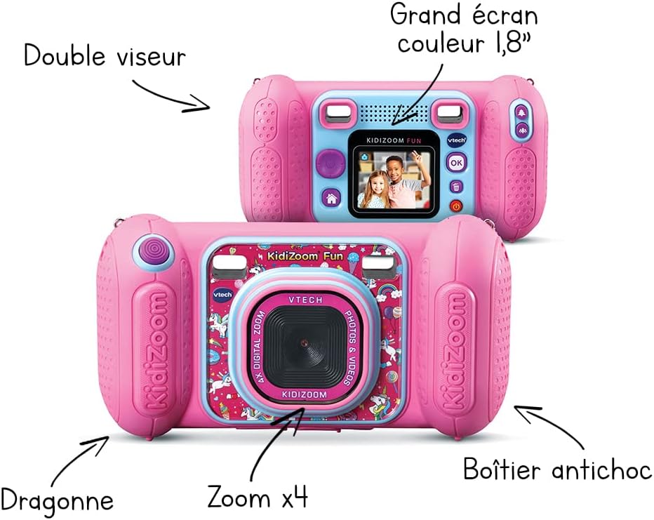 KidiZoom Fun Rose, Appareil Photo Numérique Enfant 9 en 1, Photos et Vidéos, Écran Couleur, Filtres, Cadres et Effets Rigolos, Cadeau Enfant de 3 Ans à 10 Ans - Contenu en Français