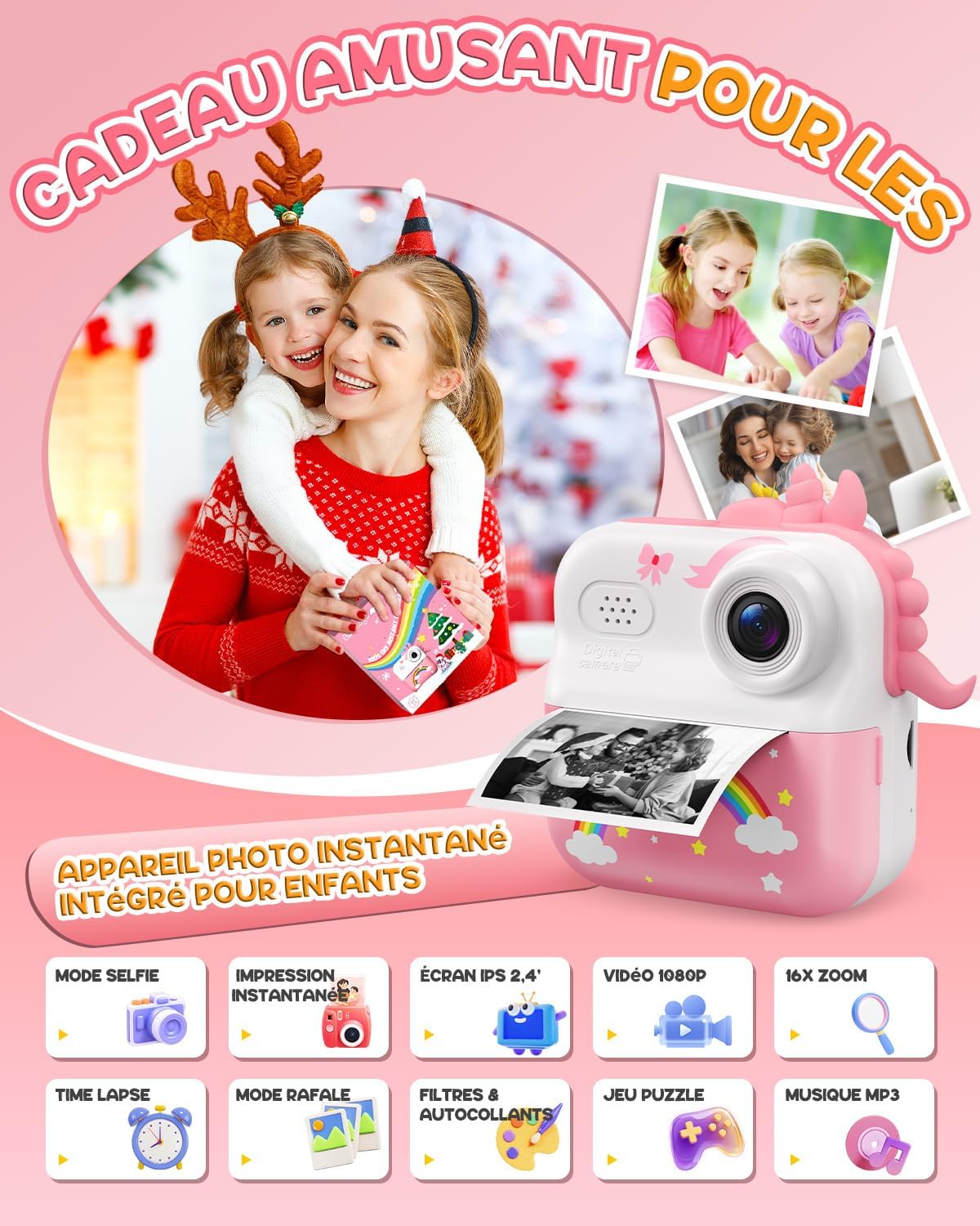 Appareil Photo Enfant, 2.4" Appareil Photo Instantané, Mini Caméra Enfant Rechargeable avec Papier d'impression et Carte 32GB, Noël Anniversaire Cadeau pour Jouet Filles Garçons 3-12 Ans Rose