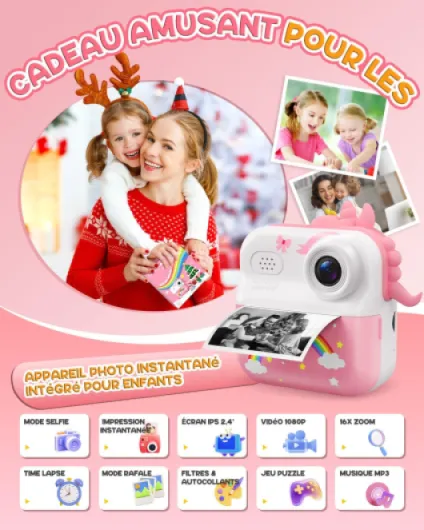 Appareil Photo Enfant, 2.4" Appareil Photo Instantané, Mini Caméra Enfant Rechargeable avec Papier d'impression et Carte 32GB, Noël Anniversaire Cadeau pour Jouet Filles Garçons 3-12 Ans Rose