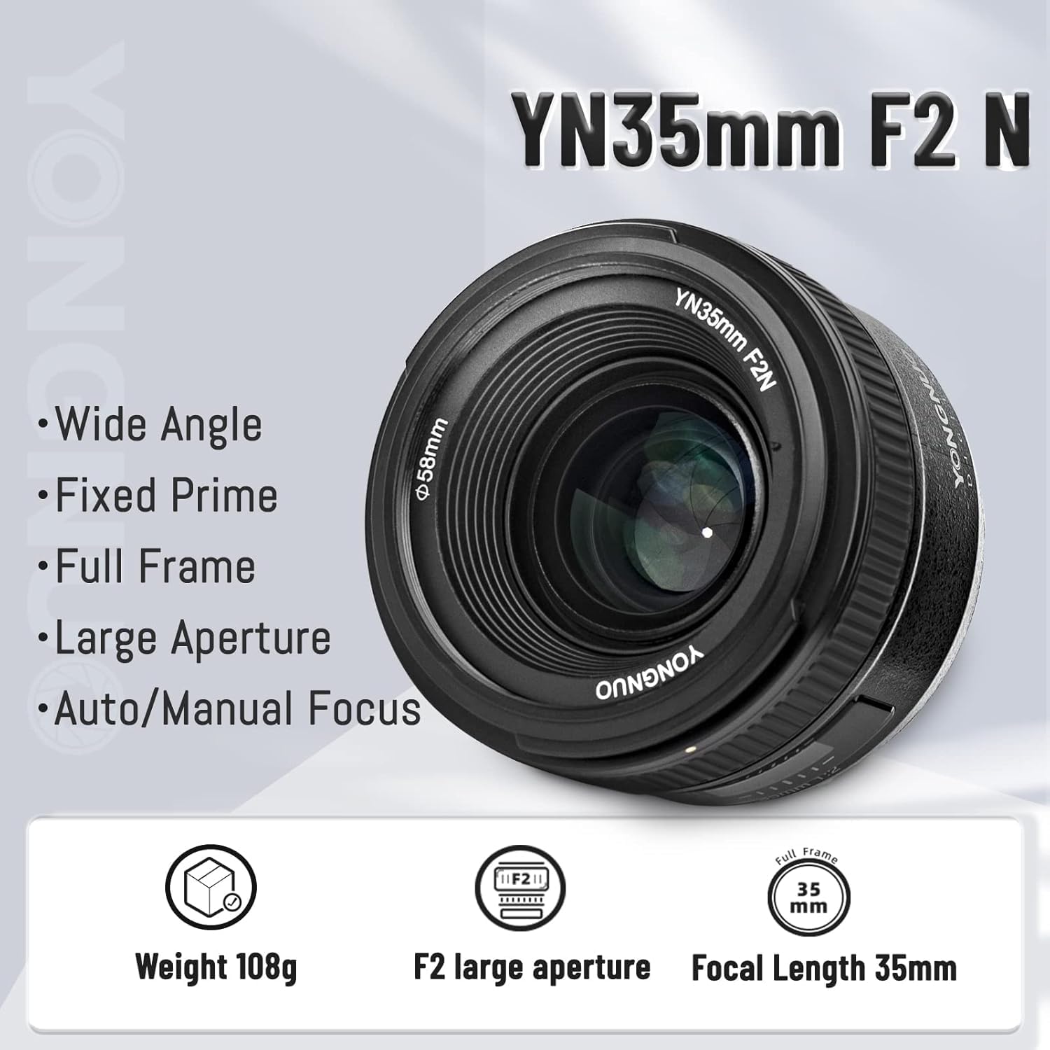 Objectif Yongnuo YN-35 mm, F/2, pour Appareil Photo DSLR Nikon, Auto-Focus AF/MF