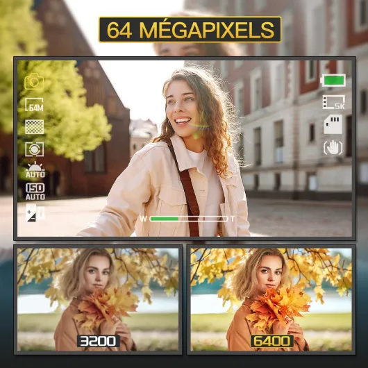 Appareil Photo Numérique 5K 64MP - Zoom Optique 16X - Hot Shoe Professionnel - Écran IPS 2.8" 180° Rotatif - WiFi & Transfert Rapide - Kit 64Go SD + 2 Batteries (Noir)