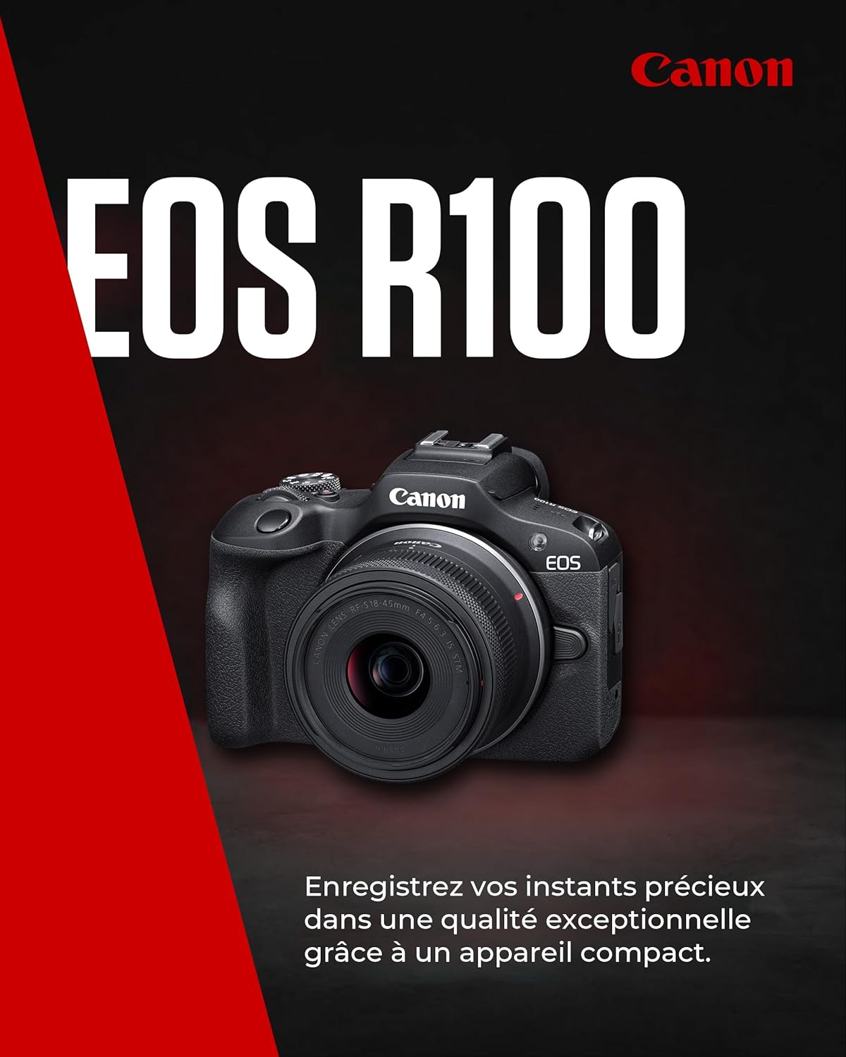 EOS R100 Appareil Photo Hybride Compact à capteur APS-C stabilisé 24M Pixels, Vidéo 4K, Wi-FI, AutoFocus Dual Pixel, boitier Nu Noir