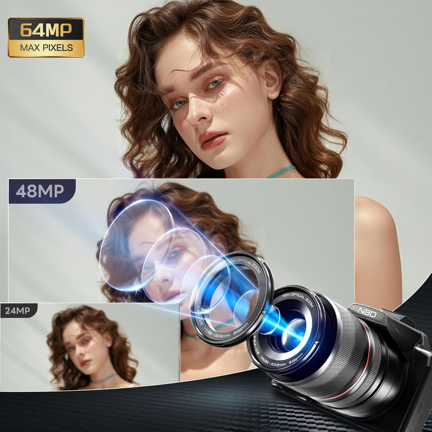 8K Appareil Photo Numérique 64MP avec Autofocus et Zoom Optique 16X, F2.57-F3.85, Écran IPS 3" 180°, WiFi, Carte 64GB + Kit Nettoyage (Noir)