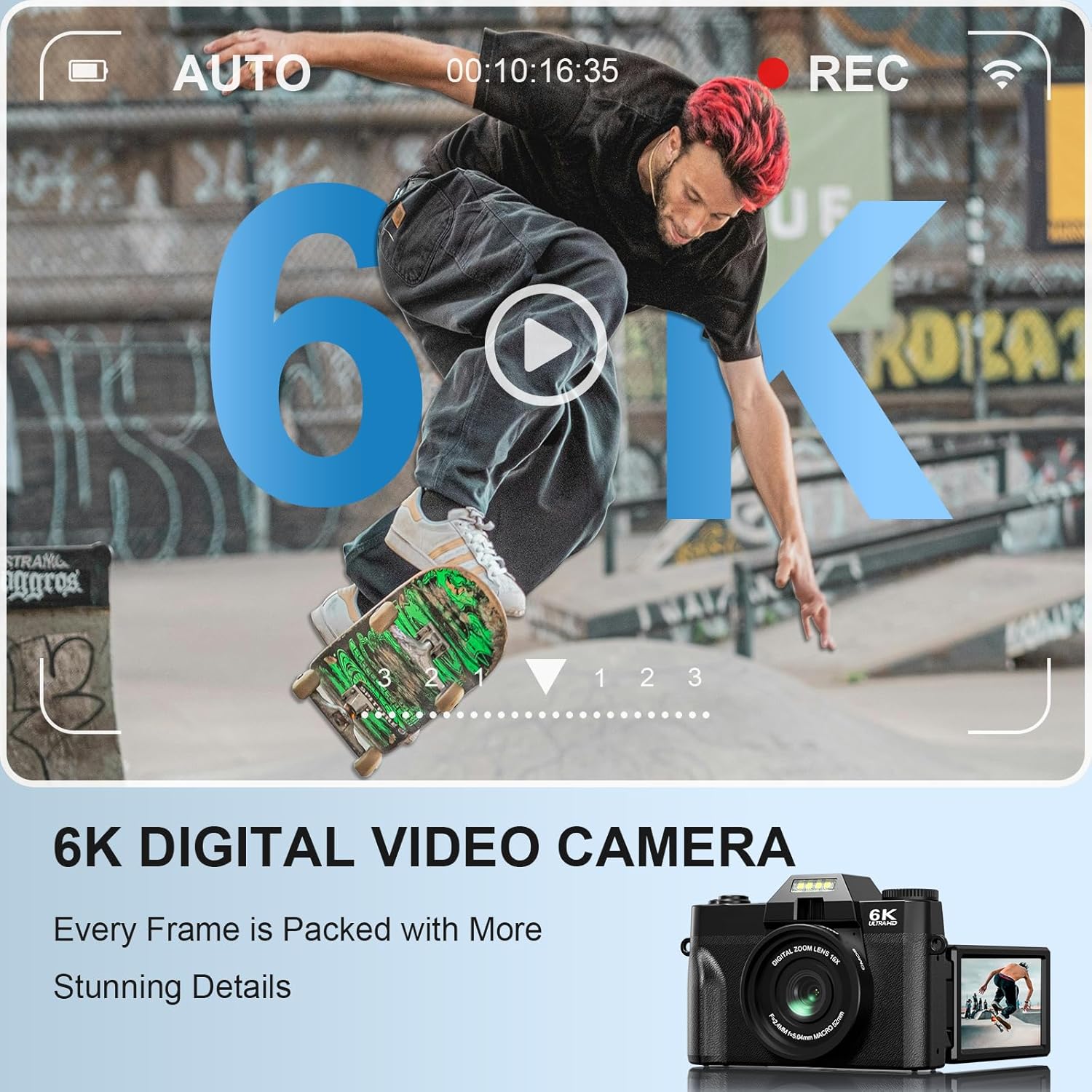 Appareil Photo Numérique 6K 64MP pour Vlog avec WiFi, Carte TF 64 Go, Microphone, Autofocus, Zoom 16X Appareil Photo Compact et Portable pour Youtube, Voyage, Débuteurs, Objectif Macro et Grand Angle Black-1