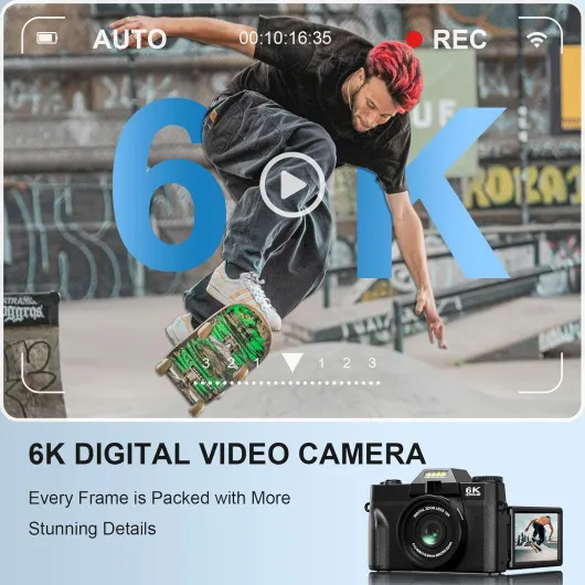 Appareil Photo Numérique 6K 64MP pour Vlog avec WiFi, Carte TF 64 Go, Microphone, Autofocus, Zoom 16X Appareil Photo Compact et Portable pour Youtube, Voyage, Débuteurs, Objectif Macro et Grand Angle Black-1