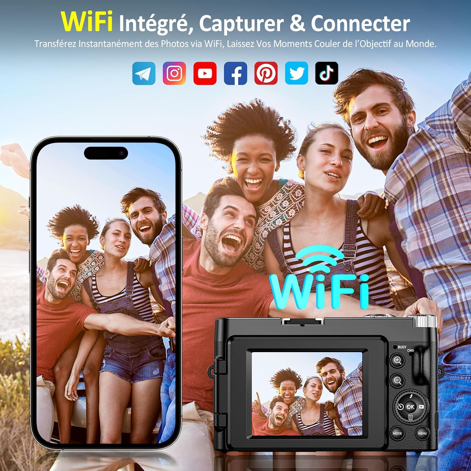 Appareil Photo Numérique WiFi 4K 64MP Appareil Photo Compact pour Vlog avec Écran Rotatif 180°, Zoom 16X, Autofocus, Anti-Tremblement, Carte 32 Go, 2 Batteries black
