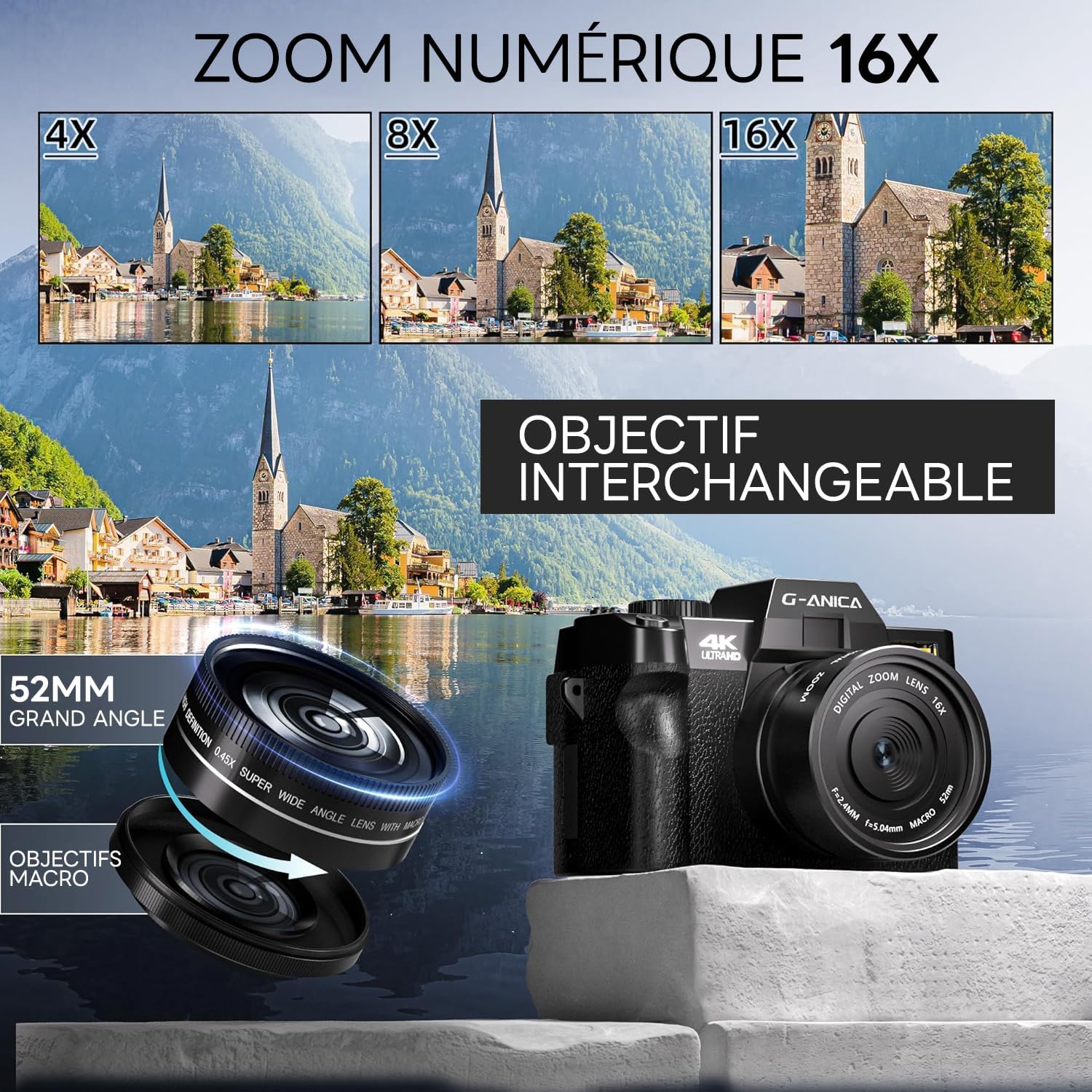 GBL Appareils Photo Numériques Ture 4K pour la photographie et le vlogging - 48MP/60FPS, WiFi et contrôle d'application, objectif grand angle et macro, portable compact pour débutants YouTube, famille black