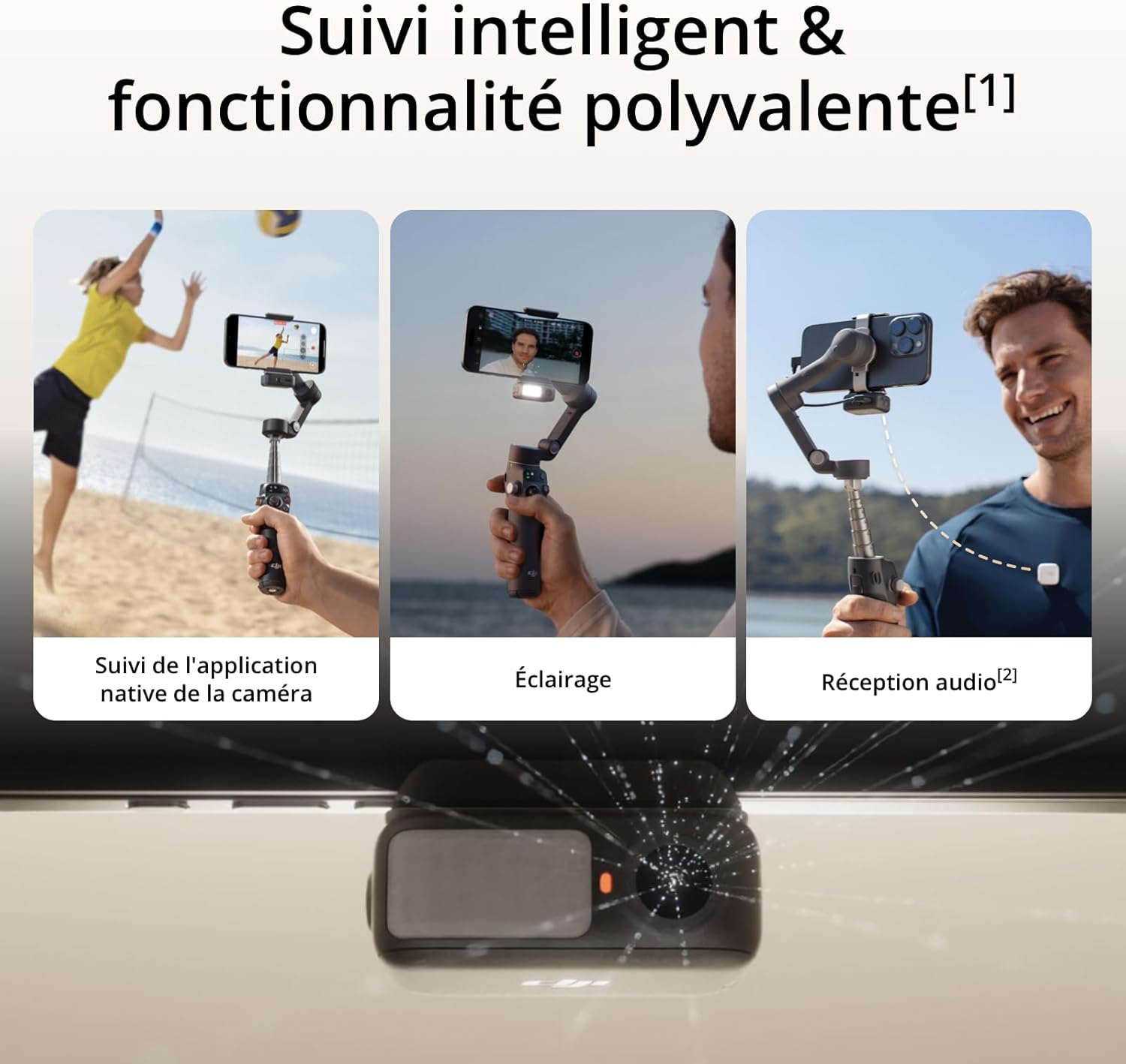 Osmo Mobile 7P pour iPhone, Stabilisateur Nacelle, Android, Suivi natif, Éclairage, Nacelle pour téléphone à 3 axes, Lancement rapide, Édition en un seul clic,Barre d’extension et trépied intégrés