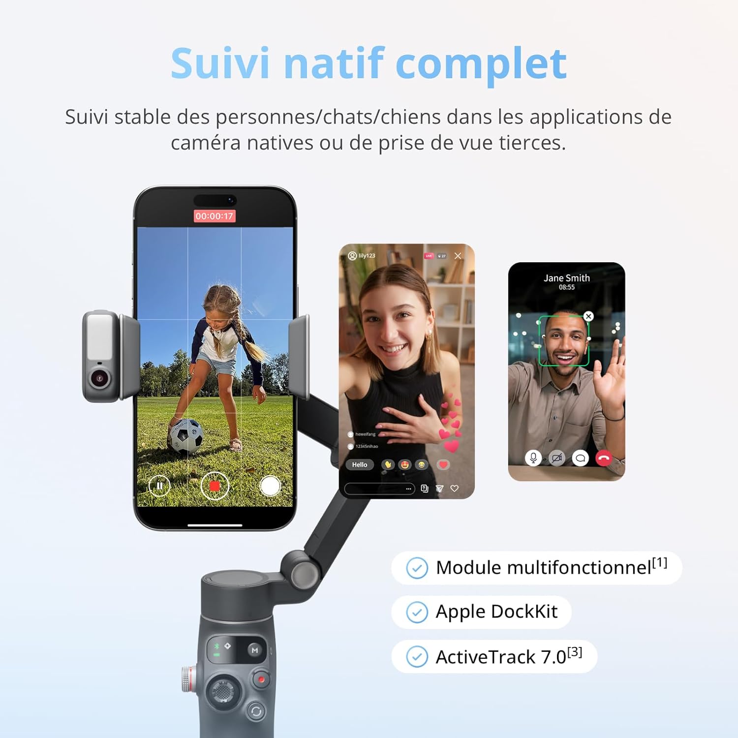 Nacelle stabilisatrice pour Smartphone DJI Bundle Suivi avancé Osmo Mobile 8, Suivi natif IA avec Audio et éclairage, Rotation panoramique à 360°, Barre d’Extension et trépied intégrés