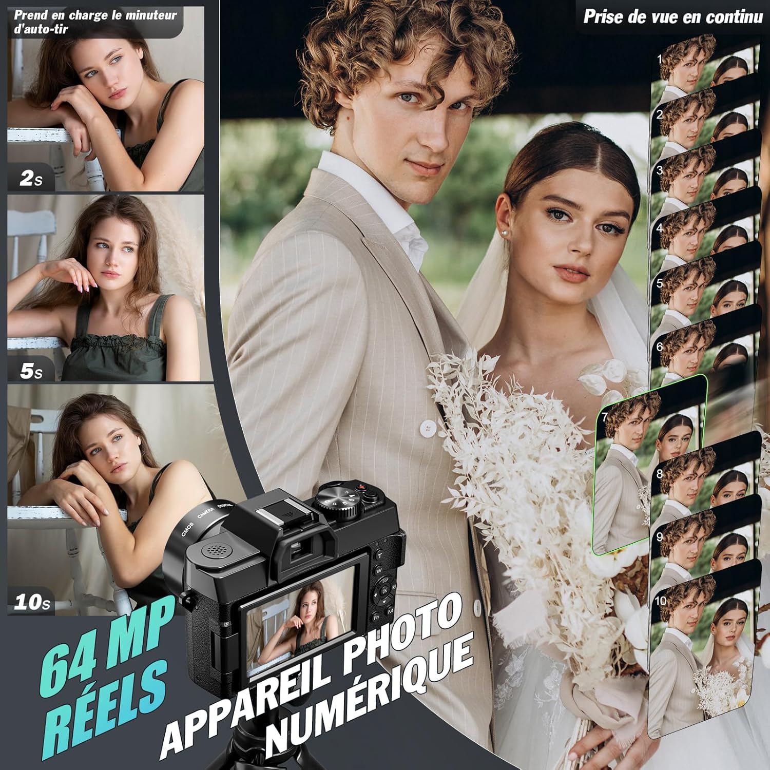 Appareil Photo numérique 8K 64MP avec autofocus, Zoom numérique 16x, F1.8, Écran IPS 3" 180°, WiFi + Lentille Grand Angle/Macro + Micro Externe + Carte 64GB + 2 Batteries (Noir)