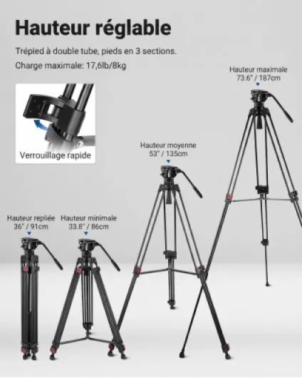 Trépied Vidéo Pro 74 pouces avec Tête Fluide, Plaque QR Compatible avec DJI RS Gimbal, Trépied Robuste avec Poignée Télescopique Base d'Escalade pour DSLR, Max - 17,6 lb/8 kg, TP74