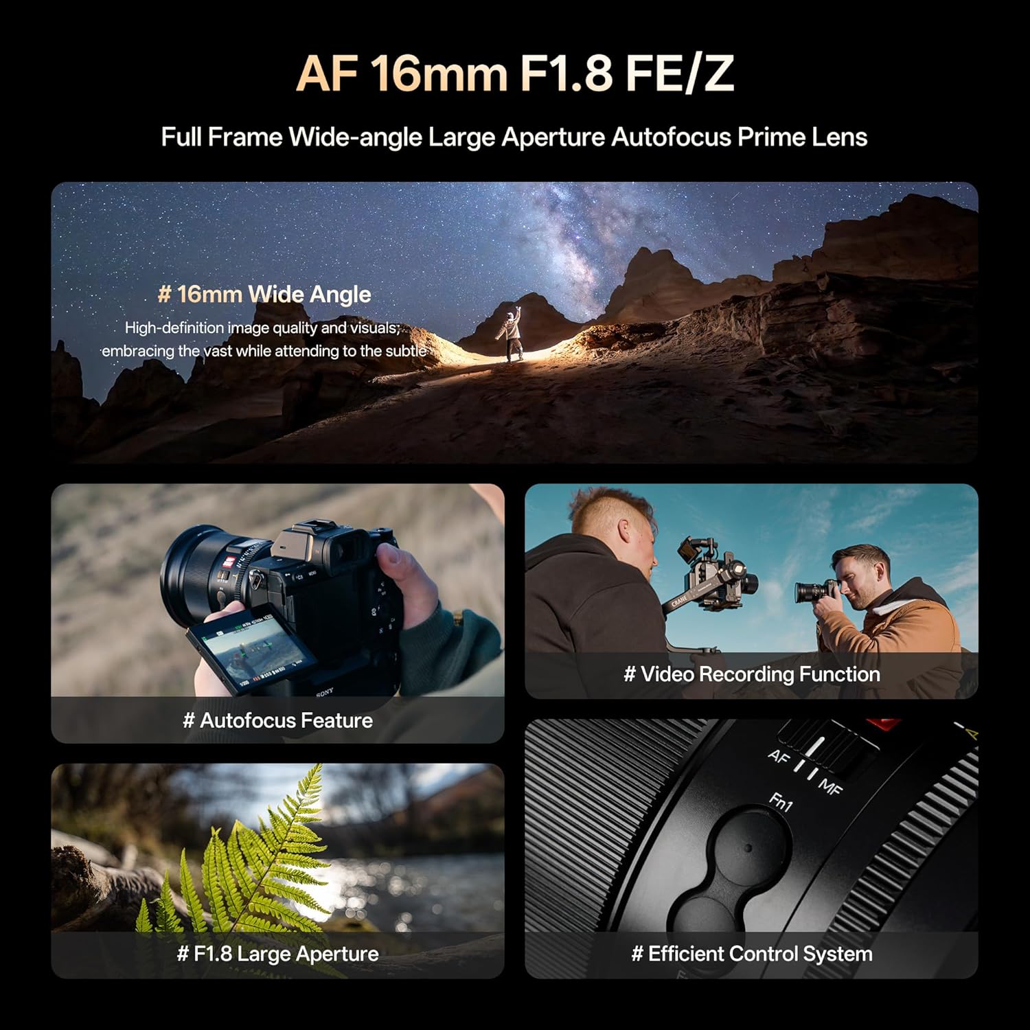 Objectif AF 16mm F1.8 FE pour Monture Sony E, Objectif Grand Angle Plein Format F/1.8 à Grande Ouverture pour Appareil Photo sans Miroir Sony E-Mount Alpha a7II a7RIII a7RIV a7S a7SII a9 a7C 16mm F1.8 (Full Frame)