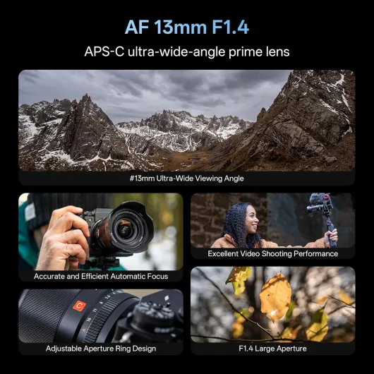 Objectif AF 13mm f1.4 F/1,4 à Monture E, Objectif Grand Angle APS-C à Grande Ouverture F1,4 pour Appareil Photo Sony E-Mount A6600 A6500 A6400 A7 A7R A7C A7RII A7SIII A7III A9 A1 13mm F1.4 (APS-C)