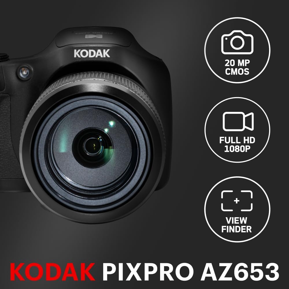PIXPRO AZ653 – Appareil Photo Numérique Bridge 20MP, Zoom Optique 65X, Grand Angle 24mm, Vidéo Full HD 1080p, Viseur Électronique et Wi-FI – Noir