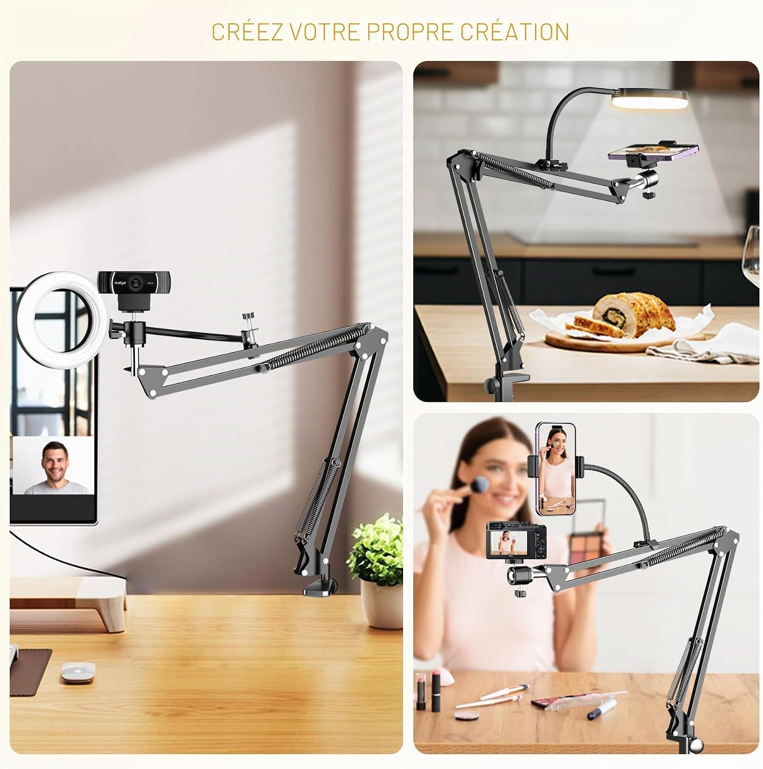 Support de caméra aérien avec Anneau Lumineux, Support de Bras de téléphone articulé Flexible Compatible avec iPhone, Webcam Logitech, trépied de Bureau pour Youtube Live Stream Video Recording Noir