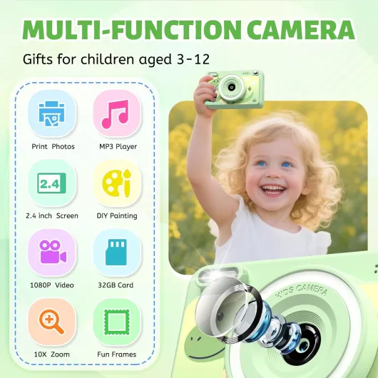 Appareil Photo Instantané, 2.4" Écran Appareil Photo Enfant avec 32GB & 5 Rouleaux de Papier d'impression, Cadeau Jouet pour Enfant Garçons Filles 3-14 Ans Vert 2.4 Style
