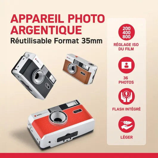 Appareil Photo Argentique 35mm – Objectif 31 mm F9, Flash Intégré, Mise au Point Fixe, Compatible Pellicules ISO 200/400/800 – Étui et Dragonne Inclus - Noir Noir 31 mm