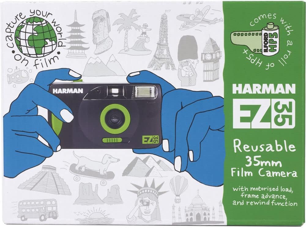 Appareil Photo argentique Compact 24x36 Harman EZ-35 Noir - Réutilisable + 1 Film N&B Ilford HP5 Plus 36poses