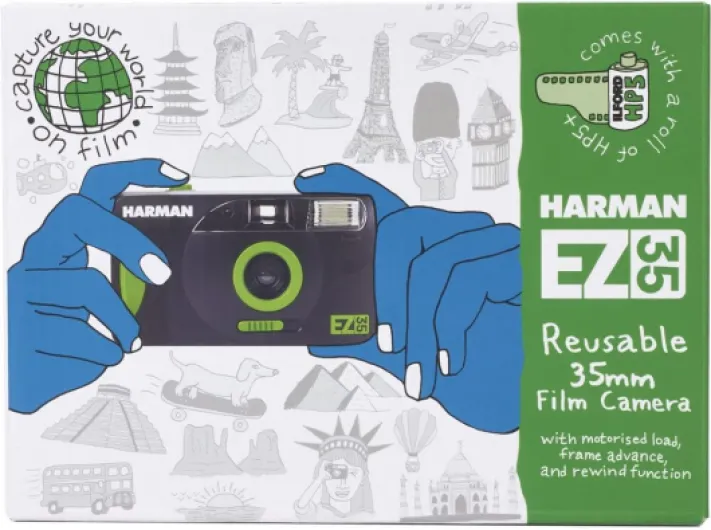 Appareil Photo argentique Compact 24x36 Harman EZ-35 Noir - Réutilisable + 1 Film N&B Ilford HP5 Plus 36poses