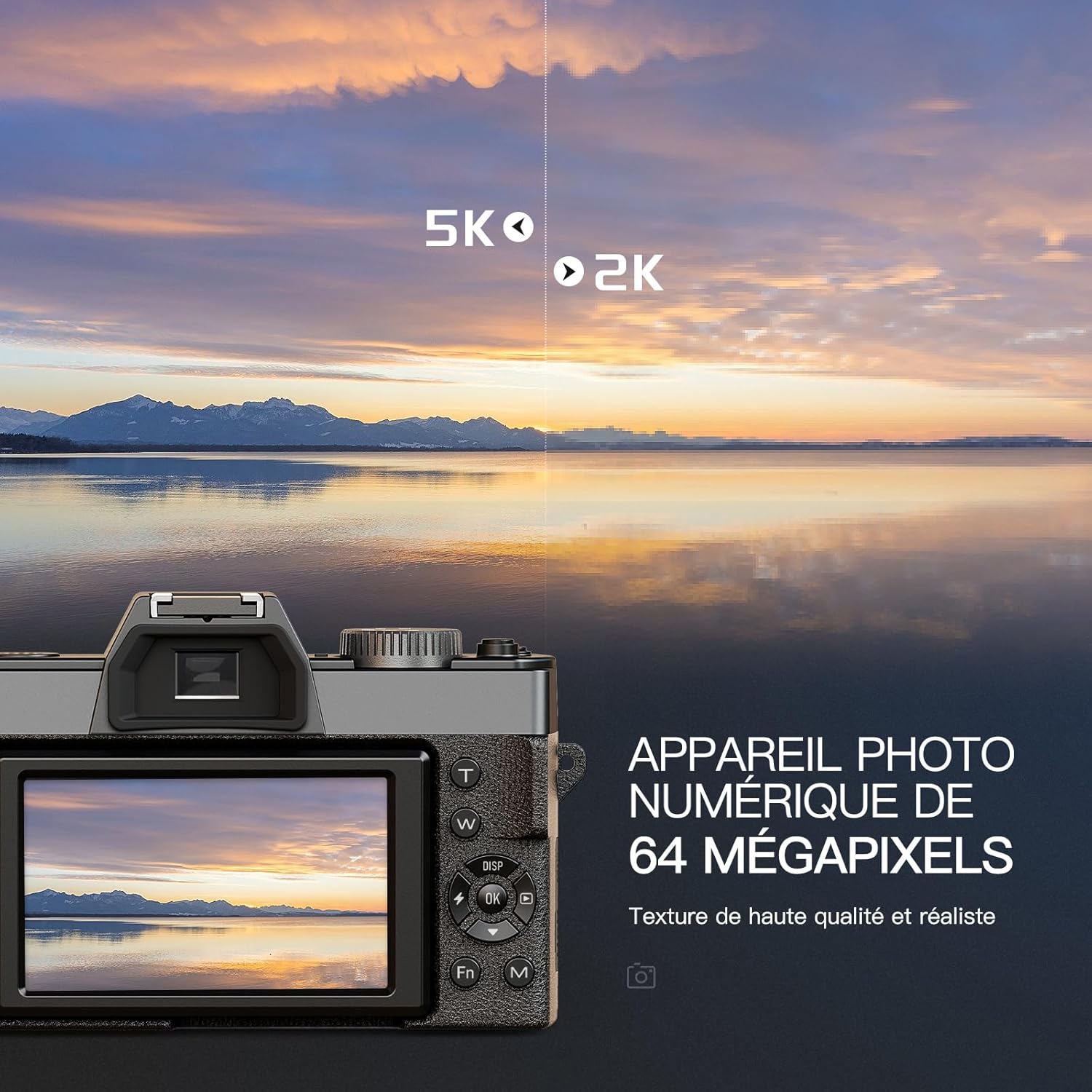 5K 64MP Appareil Photo numérique avec autofocus, Zoom numérique 16x, Écran IPS 3" 180°, WiFi + Lentille Grand Angle/Macro + Micro Externe + Carte 64GB + 2 Batteries (Noir)