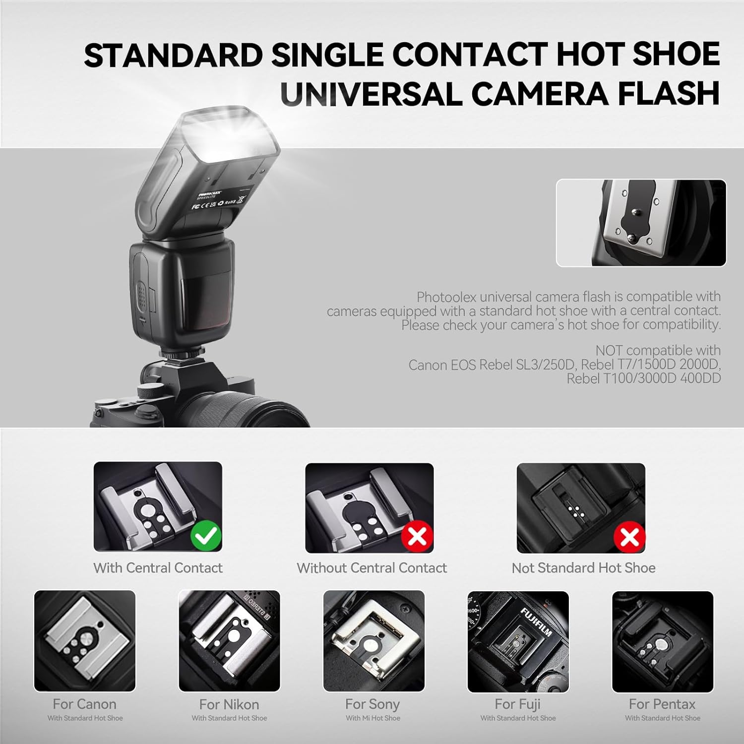 Flash Speedlite pour Canon Nikon Sony Panasonic Olympus Fujifilm Pentax Sigma Minolta Leica et d'autres SLR DSLR Caméras SLR Film et Appareil Photo Numérique avec Seul Contact Sabot FK300
