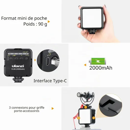 Lumière LED, ULANZI VL49 Éclairage Photo avec Batterie 2000mAH, Éclairage Studio 5500K, Lampe Vidéo pour Appareil Photo Compact Vlog Selfie, 3 Cold Shoe Mounts Noir