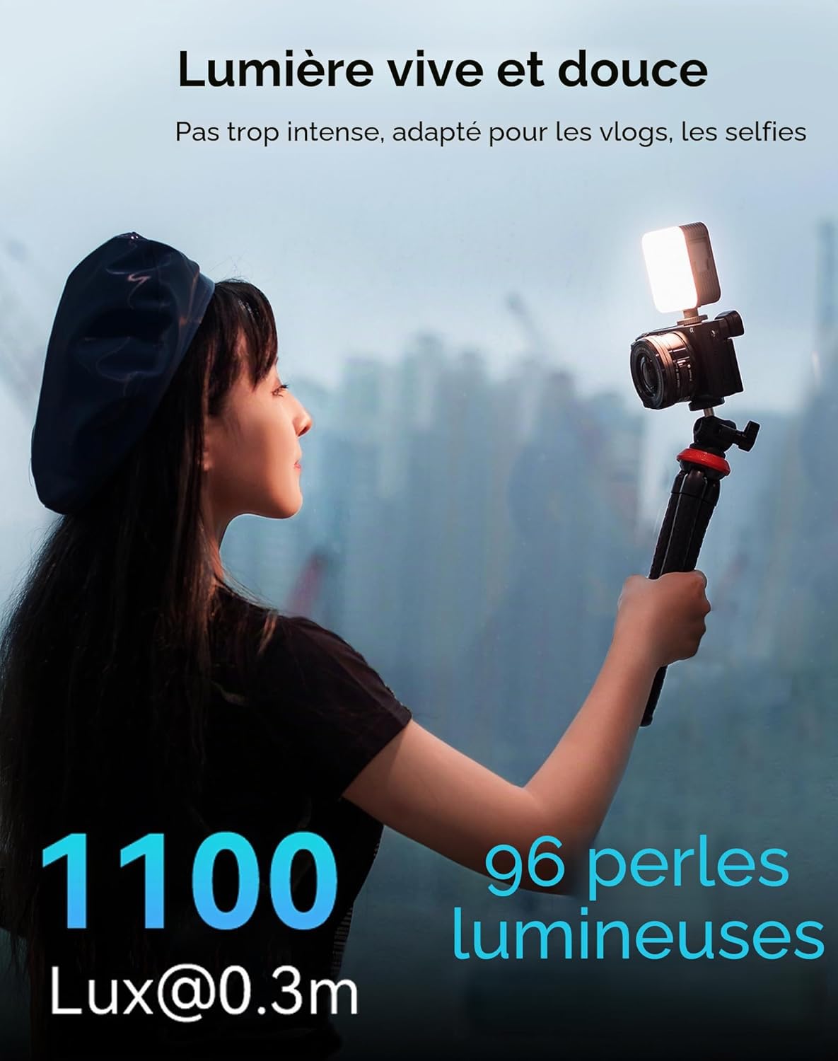 P96 Lampe Vidéo LED, Lumières LED pour Camera Portable, 96 Perles LED pour Éclairage de Vidéographie Photographique, Panneau Rechargeable 2200mAh CRI95 + 2700-6500K avec 3 Cold Shoe - 3286B Lumière bicolore