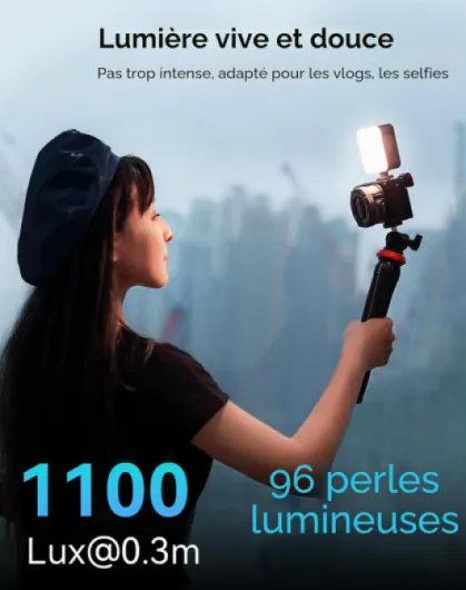 P96 Lampe Vidéo LED, Lumières LED pour Camera Portable, 96 Perles LED pour Éclairage de Vidéographie Photographique, Panneau Rechargeable 2200mAh CRI95 + 2700-6500K avec 3 Cold Shoe - 3286B Lumière bicolore